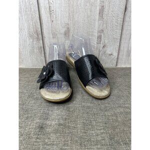 Womens Black Slide On Sandals Size 7 With Flower Rhinestone Detail Open Toe